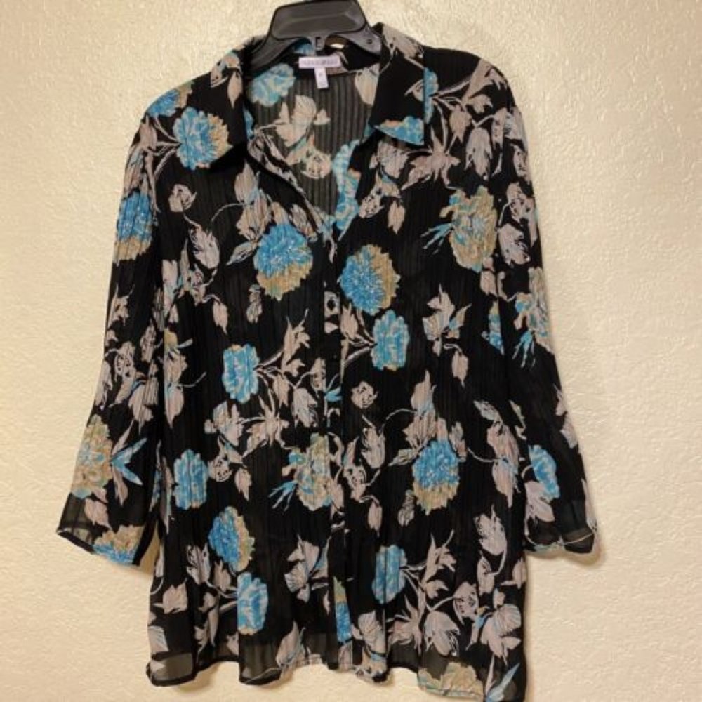 FASHION BUG Plus Size 1X Multicolor Pleated Button 3/4 Flared Sleeve Tunic Top